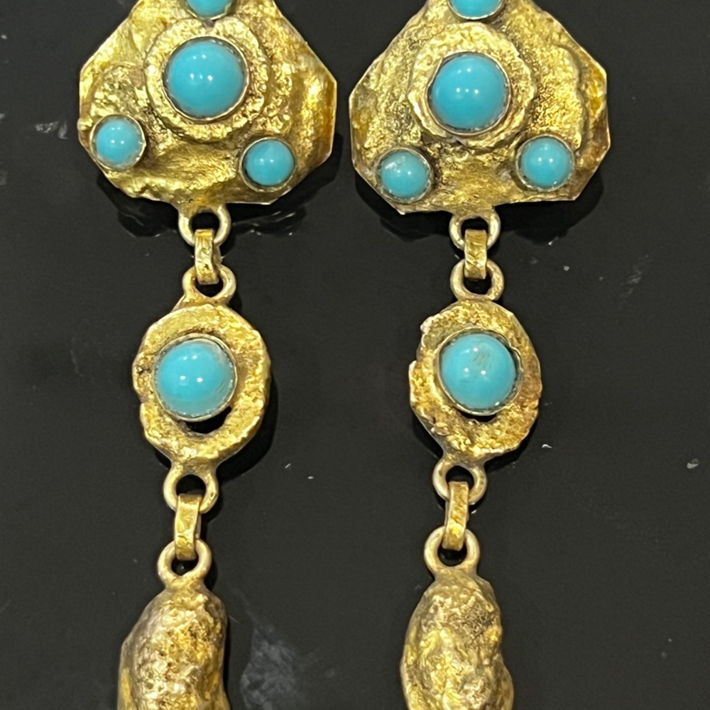 Vintage Mid Century HENRY PERICHON Earrings Faux Turquoise Gilt Bronze Rare